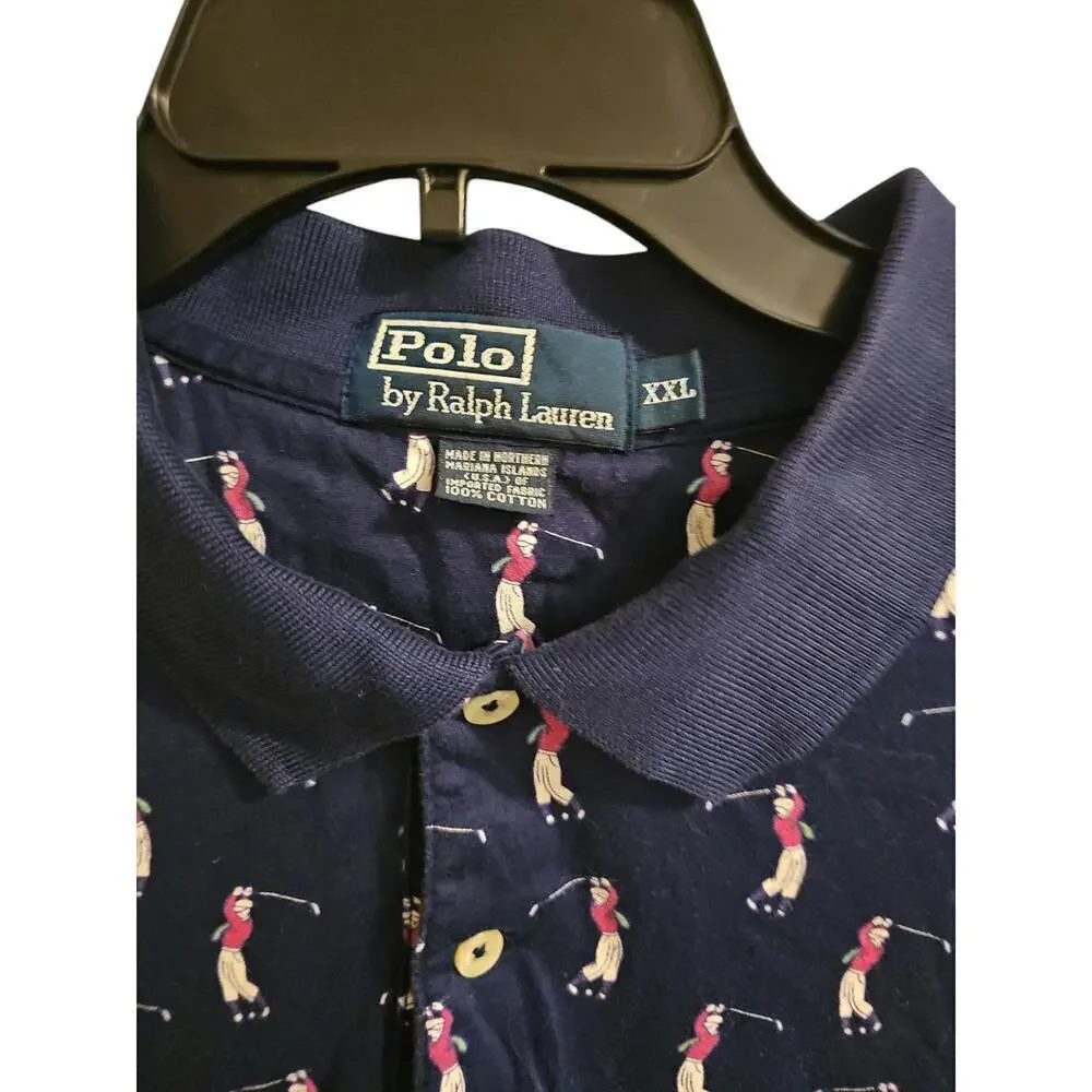 Polo Ralph Lauren sz XXL vintage navy golfer print polo golf shirt MT87